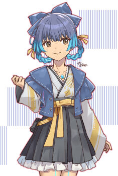 1girl alternate_costume alternate_hairstyle arm_up black_skirt blue_bow blue_hair blunt_ends bow braid braided_hair_rings brown_eyes closed_mouth commentary_request eyelashes hair_bow hair_rings high-waist_skirt highres multicolored_hair sena_(xenoblade) signature skirt smile solo two-tone_hair white_background xenoblade_chronicles_(series) xenoblade_chronicles_3 yanagimachi