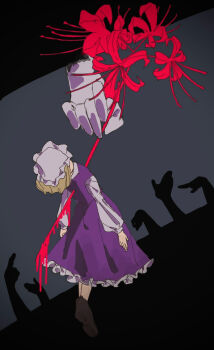 1girl blonde_hair disembodied_hand flower frilled_hat frills hat highres impaled leaning_back long_sleeves maribel_hearn mob_cap oftooon purple_skirt purple_vest red_flower shirt short_hair skirt solo spider_lily touhou vest white_hat white_shirt