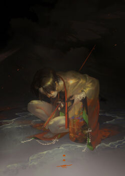 1boy 2020 absurdres arrow_(projectile) arrow_in_body bandaged_arm bandages beach black_hair cloud commentary earrings english_commentary facial_mark full_body hair_over_one_eye highres hoop_earrings hunched_over hurt impaled jajako japanese_clothes jewelry kimono long_sleeves male_focus night night_sky ocean original outdoors pulling shide shore sky solo squatting water waves