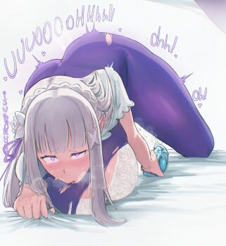 1girl bodysuit bra breasts commentary dildo emilia_(re:zero) english_commentary female_ejaculation female_orgasm grey_hair heart heart-shaped_pupils hentaly highres holding holding_sex_toy large_breasts long_hair orgasm purple_bodysuit purple_eyes pussy_juice re:zero_kara_hajimeru_isekai_seikatsu rolling_eyes sex_toy solo symbol-shaped_pupils torn_bodysuit torn_clothes underwear white_bra