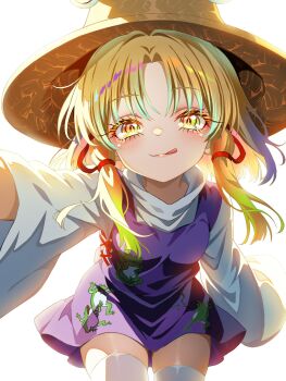 1girl animal_print arm_at_side blonde_hair brown_hat commentary_request cowboy_shot eyelashes frog_print hair_ribbon hat highres leaning_forward light_blush long_sleeves looking_at_viewer medium_hair moriya_suwako outstretched_arm parted_bangs purple_skirt purple_vest red_ribbon ribbon selfie shirt skirt solo thighhighs tongue tongue_out torikaze785 touhou turtleneck turtleneck_shirt vest white_background white_shirt white_thighhighs yellow_eyes