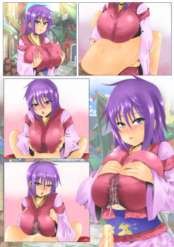 1boy 1girl absurdres after_paizuri arc_the_lad blush breasts breasts_squeezed_together breath clothed_paizuri comic cum cum_in_clothes cum_on_body cum_on_breasts cum_on_clothes cum_on_upper_body cum_stain cum_through_clothes cumdrip ejaculation ejaculation_between_breasts ejaculation_under_clothes grabbing_another's_breast groping hetero highres house huge_breasts japanese_clothes kimono kukuru_(arc_the_lad) large_breasts long_sleeves looking_at_viewer miko motion_lines naughty_face open_mouth outdoors paizuri paizuri_invitation paizuri_under_clothes penis pov purple_eyes purple_hair road sash sequential short_hair sky standing street town tuksoil