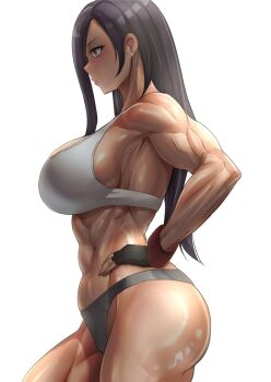 1girl abs bare_shoulders black_gloves crop_top earrings female_focus final_fantasy final_fantasy_vii fingerless_gloves gloves hand_on_own_hip highres jewelry koucha_indian long_hair muscular muscular_female solo square_enix tank_top thick_thighs thighs tifa_lockhart white_tank_top