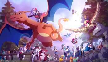 3girls 6+boys artist_name baseball_cap bettie_(pokemon) black_hair black_jacket black_pants blonde_hair blue_hair blue_oak blue_shorts brock_(pokemon) brown_hair bulbasaur charizard charmander clawitzer cloud cobalion commentary dark-skinned_male dark_skin dated day donphan drifblim drifloon entei eyewear_on_head facial_hair fence fire flame-tipped_tail gen_1_pokemon gen_2_pokemon gen_3_pokemon gen_4_pokemon gen_5_pokemon gen_6_pokemon giovanni_(pokemon) grass grimsley_(pokemon) grimsley_(sygna_suit)_(pokemon) hat highres honchkrow hoopa hoopa_(confined) jacket krookodile latios leaf_(pokemon) lear_(pokemon) legendary_pokemon lens_flare long_hair long_sleeves metagross mewtwo multiple_boys multiple_girls mythical_pokemon nintendo onix outdoors pants pidgeot pikachu pokemon pokemon_(creature) pokemon_frlg pokemon_hgss pokemon_masters_ex pokemon_oras pokemon_usum pokemon_xy purple_hair rachel_(pokemon) red_(pokemon) red_(sygna_suit)_(pokemon) riding riding_pokemon rucyna running sawyer_(pokemon_masters_ex) scottie_(pokemon) sharpedo shoes short_sleeves shorts siebold_(pokemon) silver_hair sky squirtle standing staraptor steven_stone sunglasses tail tree umbreon watermark white_headwear white_jacket white_pants