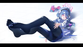 1girl absurdres ahoge ass black_panties black_pantyhose blue_archive blue_hair blue_hat blue_necktie blue_skirt blue_vest blush commentary_request feet fubuki_(blue_archive) full_body hair_between_eyes halo hat highres jacket kukuzero_neko leg_focus legs letterboxed long_hair long_sleeves looking_at_viewer lying multicolored_hair necktie on_back open_clothes open_jacket panties panties_under_pantyhose pantyhose pencil_skirt pink_halo pink_shirt purple_eyes radio shadow shirt shoes sidelocks skirt smile solo streaked_hair thighband_pantyhose tile_floor tiles underwear unworn_shoes vest white_jacket white_shirt