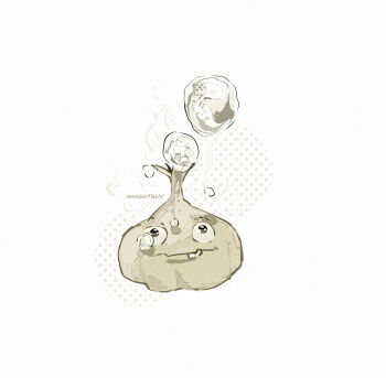 artist_name black_eyes bubble closed_mouth commentary facing_viewer film_grain garlic_(plants_vs._zombies) halftone hightguy looking_up no_humans plants_vs._zombies simple_background solo straight-on symbol-only_commentary tooth white_background