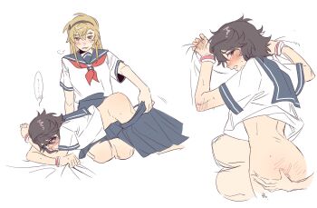 ... 2girls black_hairband black_sailor_collar black_skirt blonde_hair blue_eyes blush brown_hair glasses hairband hand_on_another&#039;s_ass heart heart-shaped_pupils highres jiguang_haibao koishikawa_iko lying_on_lap medium_hair momijiyama_teru multiple_girls pleated_skirt sailor_collar school_uniform serafuku shirt shy_(series) simple_background skirt smile spoken_ellipsis sweat symbol-shaped_pupils undressing_another white_background white_shirt yellow_eyes yuri