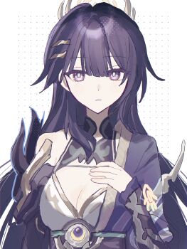 1girl absurdres blue_pupils breasts cleavage commentary done_(qz1c_) hair_behind_ear hair_ornament hand_on_own_chest highres honkai_(series) honkai_impact_3rd japanese_clothes long_hair purple_eyes purple_hair raiden_mei raiden_mei_(herrscher_of_origin) sash simple_background single_bare_shoulder very_long_hair
