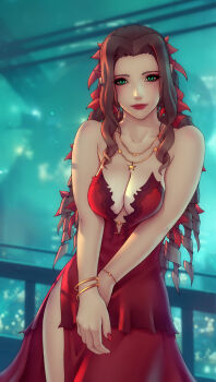 1girl aerith_gainsborough aerith_gainsborough_(red_dress) blurry blurry_background bracelet breasts brown_hair cleavage commentary dress drill_hair english_commentary female_focus final_fantasy final_fantasy_vii final_fantasy_vii_remake fingernails green_eyes jewelry lips long_dress long_hair looking_at_viewer medium_breasts nail_polish necklace red_dress remake solo soranamae square_enix strapless strapless_dress wall_market