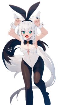 Rule 34 | 1girl, absurdres, alternate costume, animal ear fluff, animal ears, armpits, arms up, bow, bowtie, braid, breasts, cleavage, detached collar, fake animal ears, fox ears, fox girl, fox tail, highleg, highleg leotard, highres, hololive, leotard, nagishiro mito, open mouth, pantyhose, pentagram, playboy bunny, rabbit ears, rabbit pose, shirakami fubuki, single braid, solo, strapless, strapless leotard, tail, traditional bowtie, virtual youtuber, white background, white hair, wrist cuffs