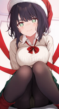 1girl @_@ black_hair blush bow bowtie breasts brown_pantyhose commentary_request feet_out_of_frame fur-trimmed_headwear fur_trim green_eyes green_skirt hat highres knees_together_feet_apart knees_up komone_ushio looking_at_viewer loose_bowtie medium_breasts medium_hair open_collar original panties panties_under_pantyhose pantyhose red_bow red_bowtie red_hat red_ribbon ribbon santa_hat sitting skirt solo sweater underwear white_panties white_sweater