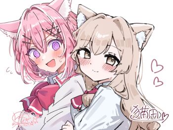 Rule 34 | 2girls, :d, @ @, amaori renako, animal ear fluff, animal ears, artist collaboration, ashigaya high school uniform, behind another, brown hair, cat ears, closed mouth, collared shirt, commentary request, double-parted bangs, flying sweatdrops, hair intakes, hair ornament, hairclip, heart, highres, long hair, looking at viewer, medium hair, mesugakisaikou, multi-source commentary, multiple girls, neck ribbon, nervous smile, open mouth, parallel hairclips, pink hair, pink ribbon, purple eyes, ribbon, school uniform, sena ajisai, shirt, signature, simple background, smile, twitter username, upper body, watashi ga koibito ni nareru wake naijan murimuri!, white background, white shirt, x hair ornament, yunagi (yng hoti), yuri