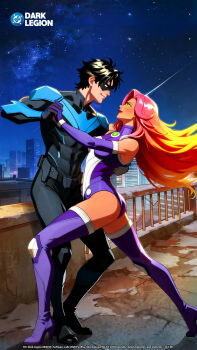 1boy 1girl arched_back belt black_bodysuit black_hair bodysuit boots breasts cityscape colored_sclera commentary couple cowboy_shot dancing dc:_dark_legion dc_comics dynamic_pose elbow_gloves english_commentary eye_mask falling_petals floating_hair flower from_side gloves green_eyes green_sclera hand_on_another's_back height_difference high_heel_boots high_heels highres holding_hands large_breasts leotard long_hair long_legs looking_at_another looking_down looking_up mask multicolored_hair muscular muscular_male night nightwing official_art on_rooftop orange_hair petals purple_boots purple_gloves purple_leotard red_flower red_hair red_lips red_rose rose rose_petals shooting_star short_hair sky slim_legs smile snow solid_eyes star_(sky) starfire superhero_costume teen_titans thigh_boots utility_belt very_long_hair