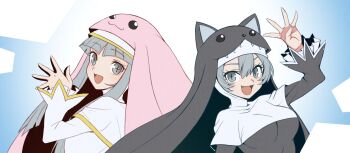 2girls ayu_(ddestiny944) black_dress black_hat blue_background breasts cross-shaped_pupils digimon digimon_(creature) dress eyelashes fang green_eyes grey_eyes hat multiple_girls nun open_mouth pink_hat simple_background sistermon_blanc sistermon_noir symbol-shaped_pupils upper_body white_background white_dress