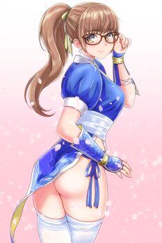 1girl adjusting_eyewear arm_guards ass blue_dress breasts brown_eyes brown_hair cherry_blossoms choker closed_mouth commentary_request dead_or_alive dead_or_alive_6 dress female_focus glasses hair_ribbon high_ponytail hiroyama_(hpzg5374) japanese_clothes kasumi_(doa) long_hair looking_at_viewer medium_breasts ninja pelvic_curtain petals pink_background ponytail red-framed_eyewear ribbon sash short_sleeves smile solo standing thighhighs thighs white_thighhighs yellow_ribbon