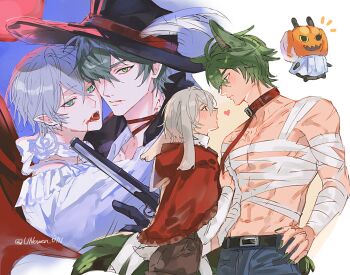 1other 2boys abs animal_ear_fluff animal_ears antique_firearm bandaged_arm bandaged_torso bandages bangboo_(zenless_zone_zero) bare_shoulders belt black_hat blood blood_on_face blood_on_neck blue_pants blush brown_pants choker cloak closed_mouth collarbone commentary_request fangs firearm firelock flintlock from_side green_eyes green_hair green_nails green_tail grey_hair gun hair_between_eyes hair_over_one_eye hand_on_own_hip hat hat_feather heart highres holding holding_gun holding_leash holding_weapon hood hooded_cloak large_hat leash lighter_(zenless_zone_zero) looking_at_another looking_at_viewer multiple_boys muscular muscular_male navel notice_lines open_mouth pants pectorals poet_shirt pumpkin_on_head rabbit_ears rabbit_tail red_cloak red_pupils ribbon_choker scar scar_on_shoulder shirt stomach tail tongue twitter_username unowen_0111 vampire weapon white_shirt wise_(zenless_zone_zero) yaoi zenless_zone_zero