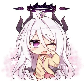 Rule 34 | 1girl, ahoge, black halo, blue archive, chibi, chibi only, commentary request, deformed, demon girl, demon horns, demon wings, halo, highres, hina (blue archive), hina (pajamas) (blue archive), horns, jacket, long hair, low wings, pajamas, pink pajamas, polka dot, polka dot pajamas, purple eyes, sitting, solo, very long hair, white hair, wings, xi yue kong poi, yellow jacket