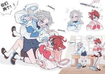 2boys absurdres aged_down ahoge alternate_costume anger_vein angry animal_ears aotsuki_eito bandage_on_cheek bandaged_ear black_hair blue_bow blue_bowtie blue_eyes blue_sailor_collar blue_shorts bow bowtie broom brown_shoes brown_shorts bucket cat_boy cat_ears cat_tail chinese_commentary chinese_text commentary_request crossed_arms fighting frown glasses grabbing_another&#039;s_ear grey_hair hand_on_another&#039;s_ear hat highres holding holding_broom imminent_punch indoors kemonomimi_mode legwear_garter loafers long_sleeves lop_rabbit_ears male_focus mary_janes miao_miao_miao_le multicolored_hair multiple_boys multiple_views one_eye_closed open_mouth pink_sailor_collar pointing rabbit_boy rabbit_ears rabbit_tail red_bow red_bowtie red_hair sailor_collar sailor_hat sailor_shirt shirt shoes short_hair shorts speech_bubble streaked_hair striped_clothes striped_shirt sumino_takumi sweeping tail the_hundred_line_-last_defense_academy- thought_bubble translation_request two-tone_hair vertical-striped_clothes vertical-striped_shirt white_hat white_shirt