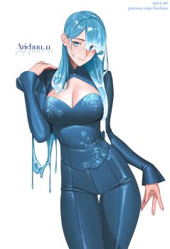 1girl arichuu_u artist_name blue_bodice blue_eyes blue_hair blue_pants blue_shrug blue_suit bodice breasts cleavage_cutout closed_mouth clothing_cutout commentary cowboy_shot english_commentary fingernails floral_print formal_clothes hair_over_one_eye hair_over_shoulder hand_on_own_hip hand_on_own_shoulder head_tilt high-waist_pants highres hololive hololive_indonesia kobo_kanaeru light_blush light_smile liquid_hair long_hair long_sleeves looking_to_the_side medium_breasts narrow_waist pants parted_bangs patreon_username shrug_(clothing) side_part sleeves_past_wrists standing striped_blush suit tight_clothes tight_pants virtual_youtuber white_background