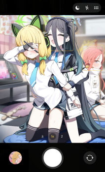 4girls aris_(blue_archive) black_gloves black_hair blonde_hair blue_archive curtains game_development_department_(blue_archive) garados_(limmjiiiminnn99) gloves indoors jacket kneeling long_hair midori_(blue_archive) momoi_(blue_archive) monitor multiple_girls pen red_hair shirt shorts viewfinder white_jacket white_shirt yuzu_(blue_archive)