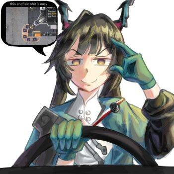 1girl aqua_gloves arknights arknights:_endfield black_hair chen_qianyu_(arknights) commentary dragon_girl dragon_horns driving drixonfire english_commentary english_text gloves hand_up highres horns jacket long_hair long_sleeves looking_at_viewer open_clothes open_jacket profanity sidelighting smile solo speech_bubble steering_wheel upper_body v-shaped_eyebrows