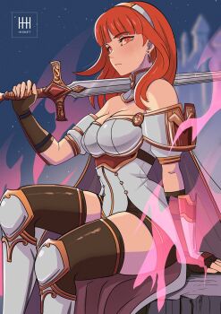 1girl arm_guards armor armored_boots aura bare_shoulders boots breasts brown_thighhighs cape castle celica_(fire_emblem) celica_(imprisoned_soul)_(fire_emblem) cleavage closed_mouth commission corruption crying crying_with_eyes_open dark_aura dark_persona dress duma_(fire_emblem) earrings fingerless_gloves fire_emblem fire_emblem_echoes:_shadows_of_valentia fire_emblem_heroes gloves hairband highres holding holding_sword holding_weapon ihsnet intelligent_systems jewelry large_breasts leg_armor long_hair looking_at_viewer night night_sky nintendo outdoors possessed possession red_eyes red_hair sitting sky solo star_(sky) sword tears thick_thighs thighhighs thighs tiara weapon white_armor white_boots white_dress