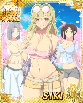 3girls arm_behind_back arms_behind_back bag black_shorts blonde_hair blue_eyes blue_shirt blue_skirt blue_sky border bow breasts brown_hair brown_shorts card_(medium) character_name cherry_blossoms cleavage closed_mouth crop_top eyewear_on_head game_cg green_eyes grey_hair hair_bow hair_ribbon hanami hand_on_own_chest holding holding_bag large_breasts long_hair long_skirt looking_at_viewer medium_hair mole mole_under_mouth multiple_girls murakumo_(senran_kagura) navel official_alternate_hairstyle official_art parted_bangs pink_ribbon red_eyes ribbon round_eyewear senran_kagura senran_kagura_new_wave shiki_(senran_kagura) shirt shorts side_ponytail skindentation skirt sky smile solo_focus striped_bow sunglasses thigh_gap third-party_source thong white_bow yumi_(senran_kagura)