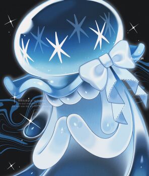black_background blue_bow bow commentary gen_7_pokemon highres iwasi_29 nihilego nintendo no_humans pokemon pokemon_(creature) pokemon_focus solo sparkle symbol-only_commentary twitter_username ultra_beast watermark