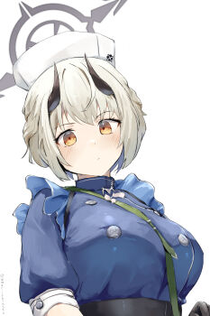 1girl black_halo black_horns blue_archive blue_shirt blush brown_eyes closed_mouth commentary commentary_request grey_halo halo hat highres horns looking_at_viewer morishin546 nurse_cap sena_(blue_archive) shirt short_hair simple_background solo upper_body white_background white_hair white_hat