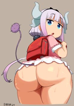 1girl absurdres ass ass_focus backpack bag blue_eyes brown_background cowboy_shot cropped_legs dimitri_becker dress from_behind from_below highres horns huge_ass kanna_kamui kobayashi-san_chi_no_maidragon kyojiri_loli loli long_hair looking_back low_twintails open_mouth pink_dress purple_hair randoseru short_dress short_sleeves simple_background solo standing sweat tail twintails