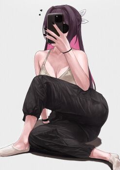 1girl arm_support ass azki_(hololive) black_pants breasts camisole cleavage colored_inner_hair grey_background heart highres holding holding_phone hololive large_breasts multicolored_hair nail_polish no_shoes pants phone pink_hair purple_hair selfie simple_background solo unmeidesu virtual_youtuber white_camisole wristband