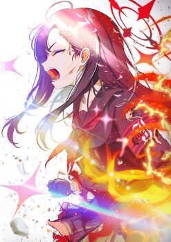 1girl absurdres black_gloves black_hair black_shirt black_skirt blood blue_archive burnt_clothes clenched_hand closed_eyes commentary_request cuts fire from_side gloves hair_ornament hairclip halo highres himmel_gewalt ichika_(blue_archive) injury long_hair neckerchief open_mouth red_neckerchief school_uniform shirt skirt solo v-shaped_eyebrows