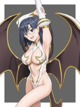 1girl :d armpits arms_up black_background black_hair blue_eyes border breasts clothing_cutout cosplay demon_wings detached_sleeves ehou_mangan glasses highleg highleg_leotard highres konori_mii large_breasts leotard looking_at_viewer medium_hair navel open_mouth smile solo stomach_cutout toaru_kagaku_no_railgun toaru_majutsu_no_index white_border white_leotard white_sleeves wings