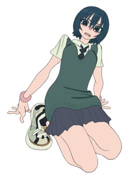 1girl black_hair commentary_request full_body highres komugiko_2000 looking_at_viewer open_mouth original pleated_skirt school_uniform shoes short_hair short_sleeves skirt socks solo sweater_vest white_background