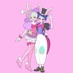 Rule 34 | 2boys, :d, animal ears, black footwear, black jacket, blue hair, bow, coattails, crossdressing, earrings, easter, fake animal ears, full body, gloves, hand on headwear, hat, highres, ichijou shin, jacket, jewelry, king of prism, kisaragi louis, looking at viewer, male focus, multiple boys, nyaasechan, open mouth, pants, pink background, pink bow, pink footwear, pink thighhighs, pom pom (clothes), pom pom earrings, pretty rhythm, pretty series, puffy short sleeves, puffy sleeves, purple hat, rabbit ears, rabbit tail, red eyes, shirt, shoes, short hair, short sleeves, shorts, simple background, smile, standing, standing on one leg, tail, thighhighs, trap, white gloves, white hair, white pants, white shorts, yellow eyes