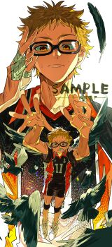 1boy absurdres bandaged_fingers bandages bird black-framed_eyewear black_bird blonde_hair brown_eyes closed_mouth collared_shirt commentary_request crow full_body glasses haikyuu!! highres jumping karasuno_volleyball_uniform knee_pads male_focus multiple_views rectangular_eyewear shirt shoes short_hair shorts simple_background sportswear sweat tsukishima_kei volleyball_uniform white_background white_shoes xi_luo_an_ya