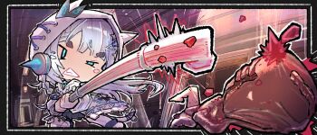 1girl and_uge bell black_skirt blue_eyes cat_tail chibi circle_facial_mark clenched_teeth commentary full_body grey_hair hitting holding holding_stick hood hood_up hoodie indoors jingle_bell long_hair nanashi_inc. pleated_skirt skirt solo stick tail tail_bell tail_ornament teeth thick_eyebrows touki31249960 v-shaped_eyebrows virtual_youtuber white_hoodie