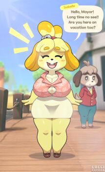 1boy 1girl absurdres animal_crossing blush_stickers breasts cleavage digby_(animal_crossing) dog_girl furry furry_female furry_male highres isabelle_(animal_crossing) large_breasts lollipopcon nintendo thick_thighs thighs yellow_fur