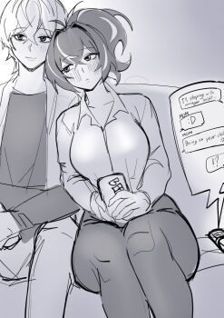1boy 1girl beer_can black_pants black_shirt blush breasts can cellphone closed_mouth collarbone couch crossed_bangs drink_can grey_pants greyscale hair_between_eyes head_on_another&#039;s_shoulder hetero highres holding holding_can indoors large_breasts looking_at_another monochrome on_couch pants phone ponytail shirt short_hair smile text_messaging white_shirt wise_(zenless_zone_zero) yuushiba zenless_zone_zero zhu_yuan