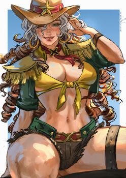 1girl breasts brown_hair cleavage cowboy_hat cropped_jacket drill_hair epaulettes freckles front-tie_top hat highres looking_at_viewer marvel marvel_rivals micro_shorts multicolored_hair rogue_(starlit_rebel)_(x-men) rogue_(x-men) shorts smile solo toned toned_female two-tone_hair whails white_hair x-men