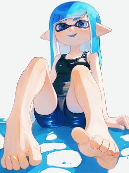 1girl barefoot bike_shorts black_shorts blue_eyes blue_hair blue_pupils feet foot_focus highres ink inkling inkling_girl inkling_player_character kodak_painter long_hair looking_at_viewer nintendo paint pointy_ears shorts simple_background sitting smile soles solo splatoon_(series) splatoon_3 sweat tentacle_hair toes white_background