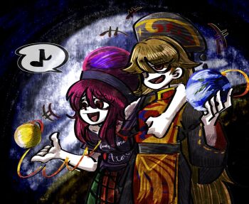 +++ 2girls arm_around_neck bare_shoulders belt black_belt black_choker black_dress black_hat black_shirt black_sky blonde_hair chain chinese_clothes choker clothes_writing cowboy_shot crescent crescent_print dress earth_(ornament) earth_(planet) empty_eyes eyelashes gold_chain green_skirt hair_between_eyes hand_up hat heart heart_print hecatia_lapislazuli holding juliet_sleeves junko_(touhou) long_hair long_sleeves looking_to_the_side mandarin_collar medium_hair moon_(ornament) multicolored_skirt multiple_girls musical_note off-shoulder_shirt off_shoulder open_mouth outdoors phoenix_print plaid_clothes plaid_skirt planet pom_pom_(clothes) puffy_sleeves purple_hair red_eyes red_skirt red_tabard shirt short_sleeves sidelocks skirt sky smile space speech_bubble spoken_musical_note standing suenari_(peace) t-shirt tabard tassel tongue touhou underworld_(ornament) wide_sleeves