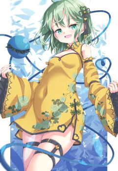 1girl alternate_costume blush breasts china_dress chinese_clothes cleavage_cutout clothing_cutout commentary_request covered_navel detached_sleeves dress eyeball fang floral_print green_eyes green_hair hair_ornament heart heart_of_string highres komeiji_koishi looking_at_viewer open_mouth print_dress skin_fang small_breasts smile solo thigh_strap third_eye touhou uumaru yellow_dress