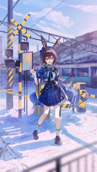 1girl absurdres amiya_(arknights) animal_ear_fluff animal_ears arknights bag blue_bag blue_eyes blue_hat blue_jacket blue_ribbon blue_skirt blush brown_hair hair_between_eyes hat highres holding holding_bag jacket long_hair looking_at_viewer open_mouth plaid_clothes plaid_skirt pleated_skirt rabbit_ears rabbit_girl ribbon saraph_se_la shirt short_sleeves sidelocks skirt snow socks solo white_shirt white_socks