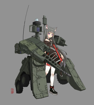 Rule 34 | 1girl, :3, absurdres, animal ears, autocannon, bare legs, bare shoulders, black shoes, boxer (afv), cannon, cat ears, cat girl, closed mouth, commentary request, full body, grey background, grey hair, gun, highres, light blush, long hair, looking at viewer, mecha musume, military, military vehicle, original, personification, purple eyes, shoes, simple background, solo, very long hair, vf31j, war thunder, weapon