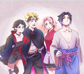 2boys 2girls bike_shorts black_cloak black_eyes black_hair black_romper blonde_hair blue_eyes boruto:_two_blue_vortex breasts cloak commentary_request glasses green_eyes haruno_sakura highres holster isa_(0076ts) jacket medium_breasts multiple_boys multiple_girls naruto_(series) naruto_shippuuden off_shoulder one_eye_closed open_mouth pink_hair red_vest romper scar scar_across_eye scar_on_face short_hair short_shorts shorts smile strapless_romper sword thigh_holster time_paradox uchiha_sarada uchiha_sasuke uzumaki_boruto vest weapon