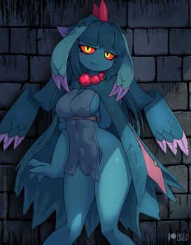 1girl arm_at_side arm_behind_back artist_name bead_necklace beads blue_cloak blue_hair blue_skin blunt_bangs blush breasts brick_wall cloak closed_mouth colored_sclera colored_skin colored_tips covered_erect_nipples dress fang female_focus flutter_mane grey_dress half-closed_eyes happy head_wings highres holding_own_arm jewelry long_hair looking_at_viewer medium_breasts monster_girl multicolored_hair necklace nintendo no_panties patreon_logo patreon_username pelvic_curtain personification pokemon pokemon_(creature) purple_hair red_sclera rilex_lenov short_dress sideboob sidelocks skin_fang smile solo standing stitches thighs two-tone_hair watermark web_address wings yellow_eyes