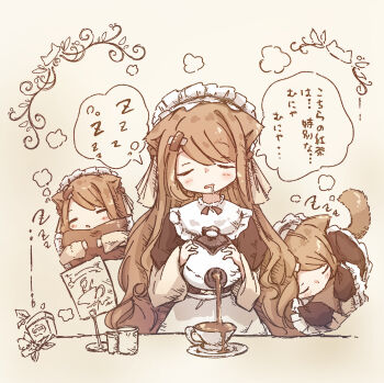 3girls absurdres animal_ears apron brown_dress brown_hair cat_ears cat_girl chipie_0114 commentary_request cup dress drooling highres holding holding_teapot maid_headdress mouth_drool multiple_girls original pouring sleepy teacup teapot white_apron zzz