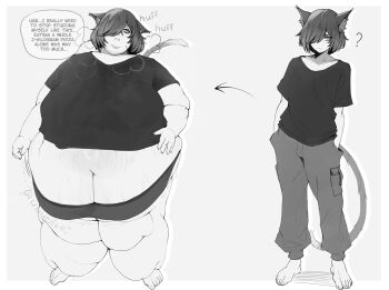 1girl ? animal_ear_fluff animal_ears arrow_(symbol) barefoot belly big_belly border breasts breath cat_ears cat_girl cat_tail closed_mouth double_chin english_text fat freckles full_body furrowed_brow greyscale hair_over_one_eye hands_in_pockets highres long_bangs looking_at_viewer looking_to_the_side medium_hair monochrome multiple_views obese one_eye_covered original pants presiart raised_inner_eyebrows shirt short_sleeves simple_background small_breasts speech_bubble standing steam steaming_body sweat sweatdrop t-shirt tail thick_arms thick_thighs thighs undersized_clothes weight_gain white_background white_border