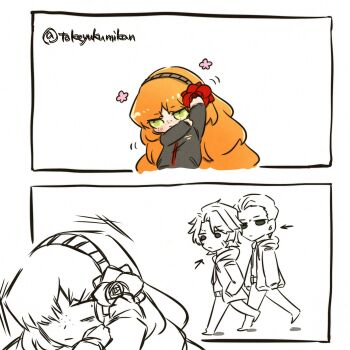 1girl 2boys black_jacket caught flower green_eyes hair_slicked_back hands_in_pockets hands_up heathcliff_(project_moon) highres ishmael_(project_moon) jacket lce_clothes_(project_moon) limbus_company long_hair meursault_(project_moon) multiple_boys orange_hair pants pink_flower project_moon red_flower red_rose rose scar scar_on_face sidelocks simple_background surprised tokeyukumikan very_long_hair white_background